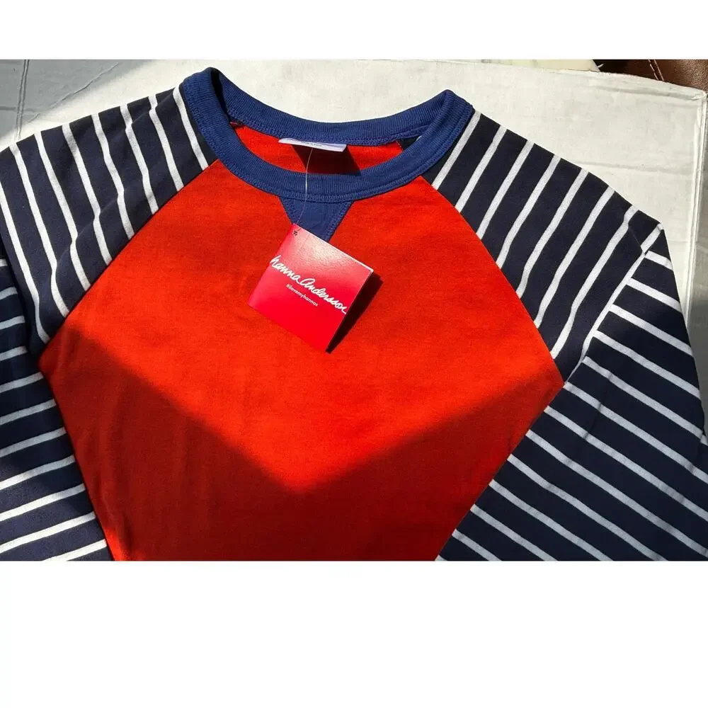NWT Hanna Andersson Boys 160/US14 Baseball Tee OrangeNavy Stripe RaglanSupersoft